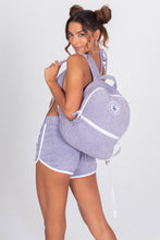 Load image into Gallery viewer, Women&#39;s Purple Terry Cloth Backpack &amp; Shorts - Side
